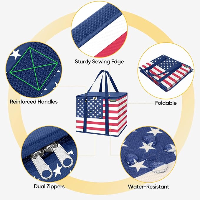 BALEINE 3Pk Insulated Reusable Grocery Bags, Foldable Shopping Bags for Groceries with Reinforced Bottom & Handles (Patriot Celebration)