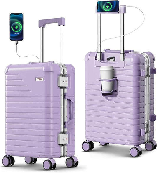 20 Inch Carry on Luggage with Cup Holder, Airline Approved 22x14x9 Aluminum Frame PC Hard Shell Suitcase, 360° Spinner Wheels, TSA Lock for Short Trips and Business Travel