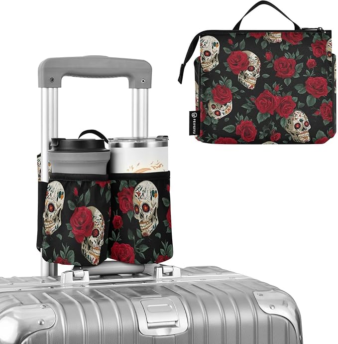 Luggage Cup Holder for Suitcases Free Hands Suitcase Cup Holder Travel Luggage Drink Holder Portable Luggage Cup Caddy Bag Carrier with Handle Mexico Skull Rose Flowers Red