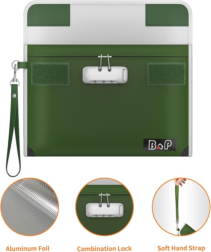 BALAPERI Fireproof Bag with Lock - 5200°F Heat Insulated, Waterproof Fireproof Money Bag with Zipper, Fireproof Document Bag for A5 Size Documents/Cash/Valuables/Passport, 11”X 7.7”(Olive Drab)