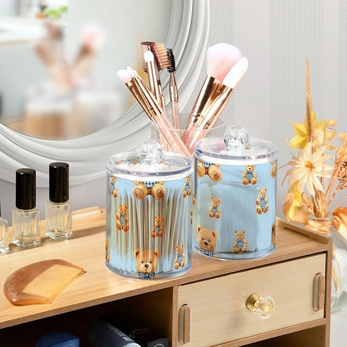 2 Pack Qtip Holder Organizer Dispenser Cute Bears Bathroom Storage Canister Cotton Ball Holder Container for Cotton Pads/Swabs/Floss