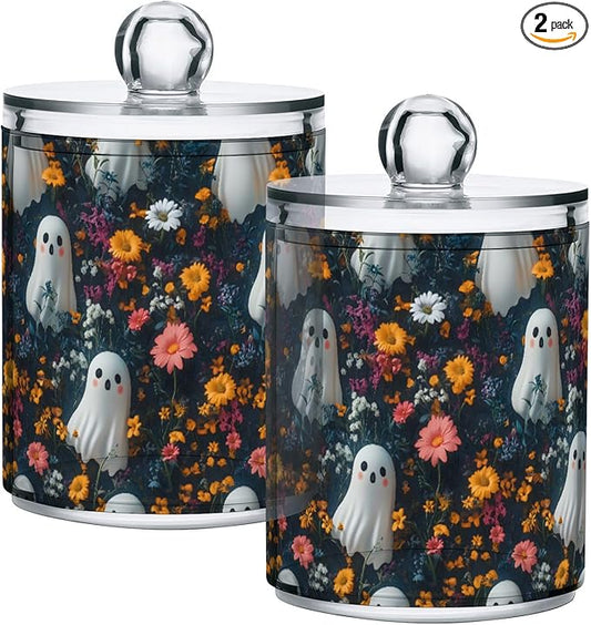 2 Pack Qtip Holder Organizer Dispenser Cute Ghosts with Flowers Bathroom Storage Canister Cotton Ball Holder Container for Cotton Pads/Swabs/Floss