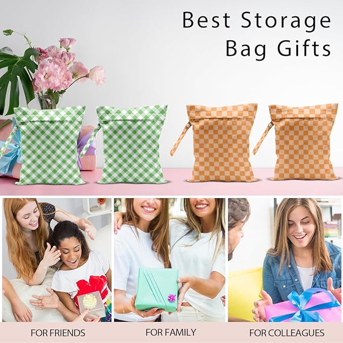 Wet Bag, 4Pcs Wet Dry Bag Set, Reusable Waterproof Bags with Green Gingham & Orange Checkerboard Patterns for Women, Suitable for Beach Trips & Daily Organizing