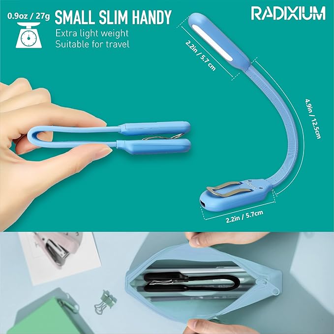 Rechargeable Book Light for Reading in Bed, 4 Color Temperatures Eye-Caring LED, Portable Clip On Reading Light with Magnetic Base, Hands-Free for Travel, Night Reading (biue)