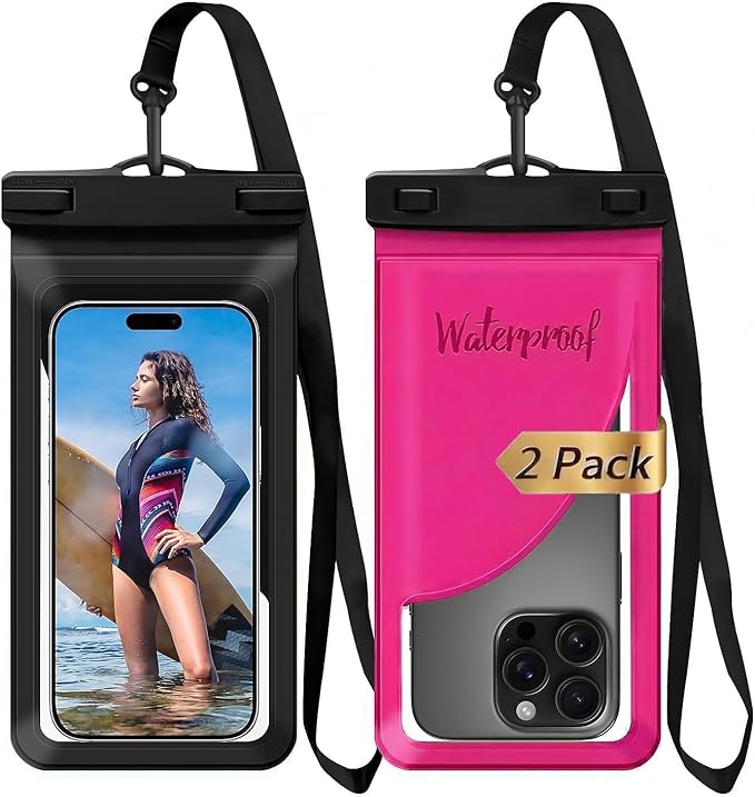 Waterproof Phone Case, with Inside Card Bag, Waterproof Phone Pouch for iPhone, Cell Phone Dry Bag for Cruise Travel Vacation Accessories Large Phone Holder, 2 Pack-Black+Rose Red