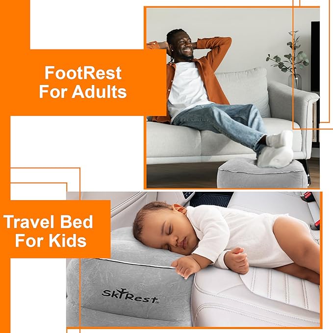 Inflatable Foot Rest Travel Pillow-Adjustable Height Airplane Footrest for Airplane Travel/Car/Train/Home/Office-Airplane Bed for Toddlers, Comfortable Seat Extender for Kids - Grey, 2 Pack