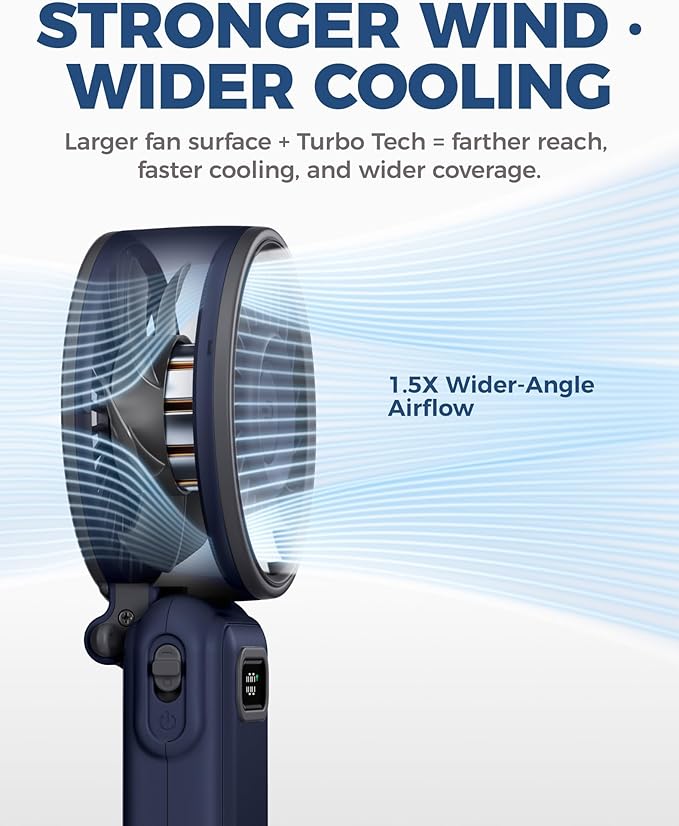 Diveblues Portable Handheld Fan, 7.4m/s High Speed Turbo Fan, 180° Foldable 4-in-1 Personal Neck Fan Integrated Carabiner Clip, 100 Speed Stepless Control, USB-C Rechargeable, 12H Battery, Fanzy D6036