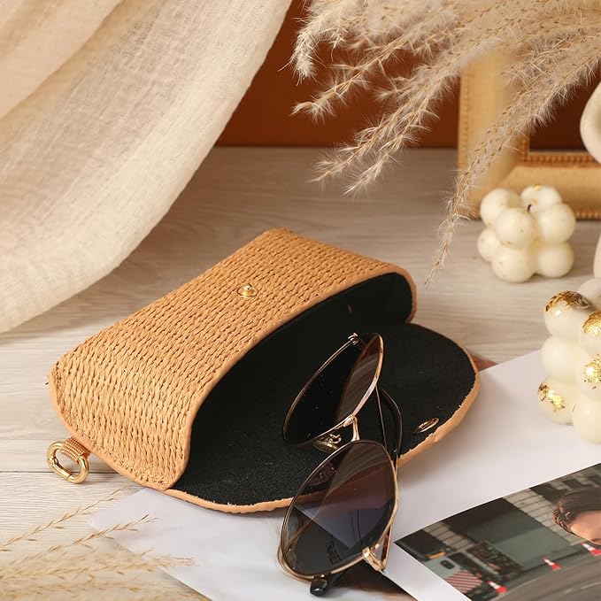 Leinuosen Woven Straw Sunglasses Case with Clip, Hard Shell Boho Rattan Pouch, Portable Travel Beach Accessory for Women Girl