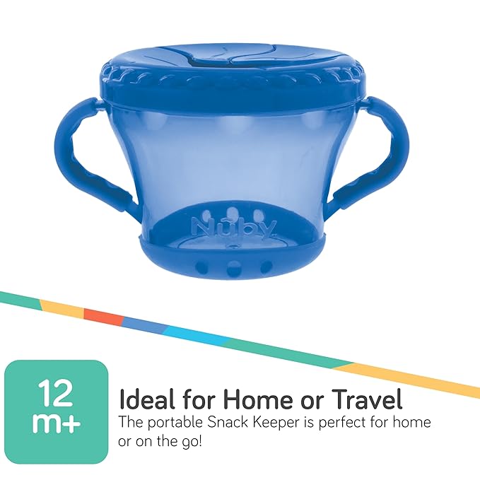 Nuby Toddler Snack Cups with Soft Flaps Lids - (2 Pack) 9 oz - Spill-Resistant Snack Containers for Kids - Portable Food Holders for Travel or Home - Blue and Green