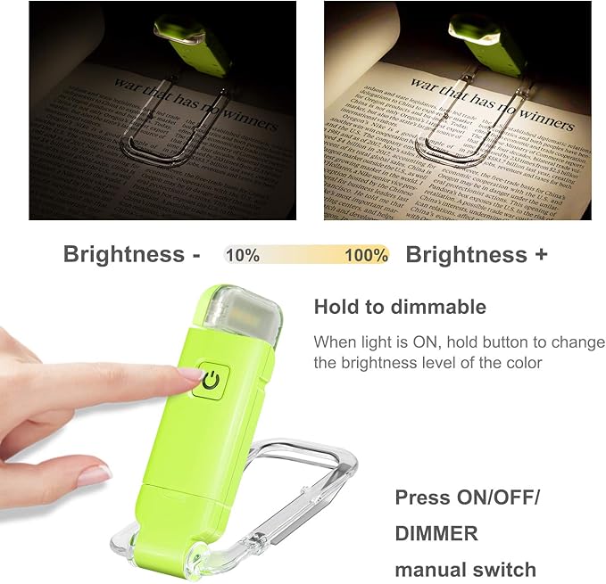 HONWELL Rechargeable Book Light, Clip On LED Reading Lights for Kids Reading in Bed, 3 Brightness Levels Dimmable Bookmark Light for Eye-Protection, Portable Reading Lamp for Bookworms, Travel(Green)