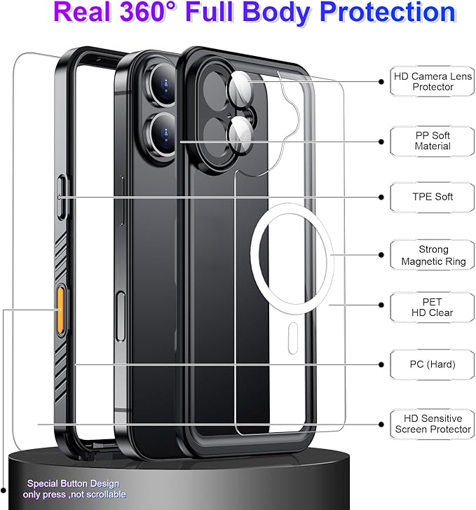 Compatible with iPhone 16 Case Waterproof, Compatible with MagSafe Built-in Screen & Camera Protector IP68 Underwater Full Body 16FT Military Dropproof Shockproof Phone Case 6.1"-Black