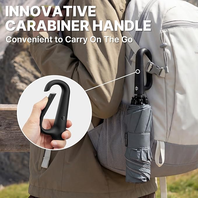 G4Free 46inch Ring Buckle Umbrella, Inverted Design with Carabiner Handle, Compact Travel Umbrella with Reflective Strip, Automatic Windproof for Rain