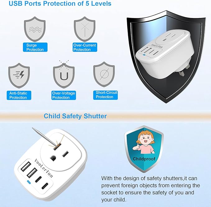 Type G Adapter for Travel US to UK Plug Adapter Outlet Converter with Multi USB Port, Electrical Outlet Power Adapter for Ireland Scotland Dubai England Hongkong Travel Cruise Essential