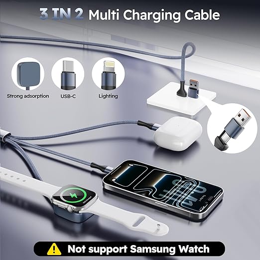 Cruise Essentials 2026, 3 in 2 Multi Charging Cable for iPhone Watch Charger/iPhone 17/IP, iWatch Charger, Travel Camping Essentials Compatible with iWatch 11-2/Ultra/iPhone 17-8,Car (2Pack,5FT)Gray