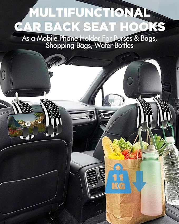 WOCOCN Purse Holder for Car, 2 Pack Heavy Duty Purse Hanger for Car, PU Leather Car Seat Hooks for Purses and Bags, Cute Flag Headrest Organizer for Handbags & Backpacks