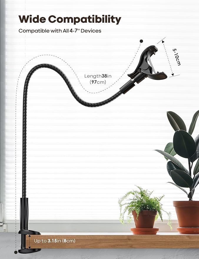 Lamicall Gooseneck Phone Holder Bed - [Nylon Braided] Flexible Arm, 38inch Overall Length, 360 Adjustable Clamp Clip, Overhead Cell Phone Mount Stand for Bed, Desk, 4-7” Cellphone, Gifts