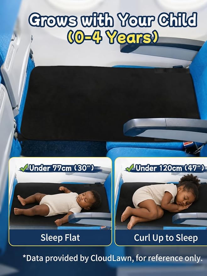 Toddler Airplane Bed, Airplane Seat Extender for Kids, Kids Travel Bed for Long Flights, Portable Plane Footrest, Soft Velvet Leg Support, Machine Washable, Non-Slip, Black
