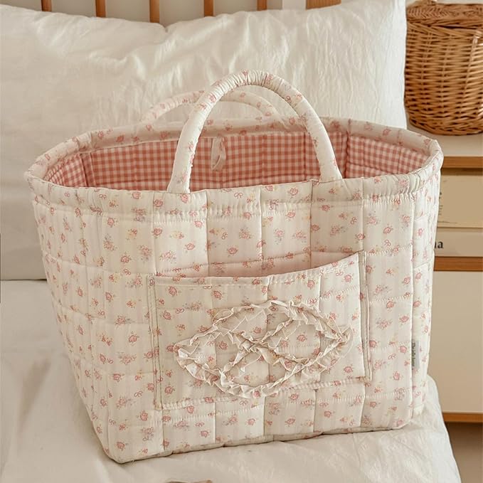 Floral Fabric Storage Basket Car Interior Storage Basket Underwear Sundries Laundry Baskets Supplies Home Organizer Bag (pink+white bow)
