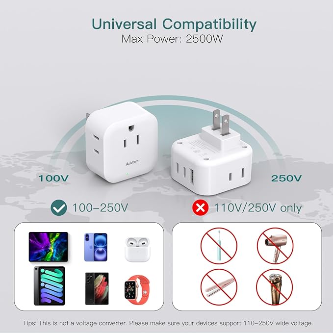 2 Pack US to Japan Plug Adapter, Japan Power Travel Adpter with 3 Outlets 3 USB Ports(2 USB C), Type A Travel Power Converter Plug Adaptor for USA to Japanese China Canada Mexico Philippines Peru