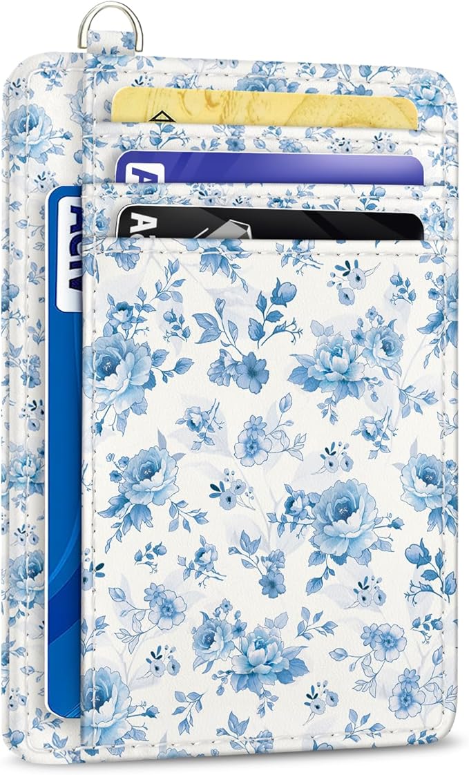 Yonlevres Credit Card Holder Slim Wallet Women, Floral Flowers RFID Blocking Small Front Pocket Travel Cute Thin ID Window PU Leather Mini Organizer Case Purse Gift Woman Girls Ladies