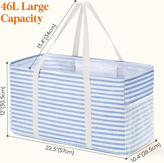 Lifewit Extra Large Tote Bag, Reusable Grocery Bags with Metal Wire Frame and Handles, Standing Utility Foldable Shopping Bags for Storage, Picnics, Beach, Laundry, Car, 46L, 1 Pack, Blue