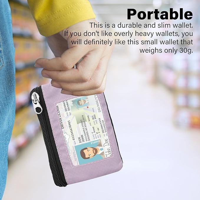 Minimalist RFID Wallet with Lanyard, Multi-functional ID Case with 2 Zipper Pockets and Key Chain for Men and Women, Tactical Badge Pouch Cards Holder, Coin Purse for Travel Sports - Purple&Pink