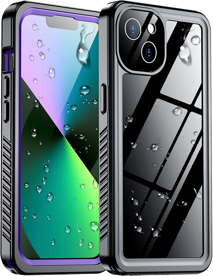 Compatible with iPhone 13 Case Waterproof, Built-in Screen & Camera Protector IP68 Underwater Full Body 13FT Military Dropproof Shockproof Phone Case 6.1"-Purple/Clear