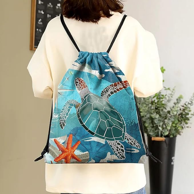 Drawstring Backpack Draw String Sports Bags for Gym Travel Beach Waterproof Cute Sackpack Men Women Aesthetic (13"×17")-Sea Turtle