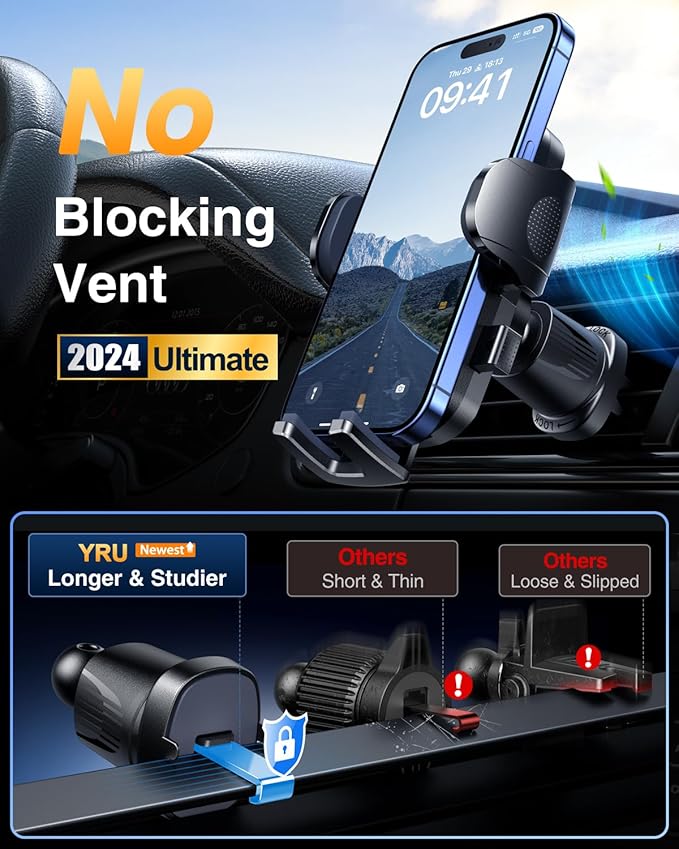 YRU True Military-Grade [360° Rotation Suction] 2026 Ultimate Car Phone Holder Mount【90+LBS Safest Strongest & Patent Certs】 Dash Windshield Vent for iPhone 17 16 Pro Max with Dash Accent,Gloss Black