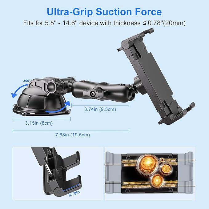PLDHPRO Tablet Holder for Car Dashboard & Windshield, Universal iPad Car Mount Suction Cup Stand for 5.5" - 14.6" Phones & Tablets Compatible with iPhone 17/16/15, iPad, Galaxy Tab - 5.5-14.6 inch