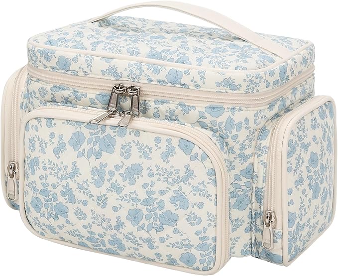 Bagmoly Large Cotton Makeup Bag, Quilted Floral Makeup Bag Organizer for Women Girls with Makeup Brush Compartment & Two Side Pockets, Cosmetic Travel Bag Vertical Storage- Blue Flower
