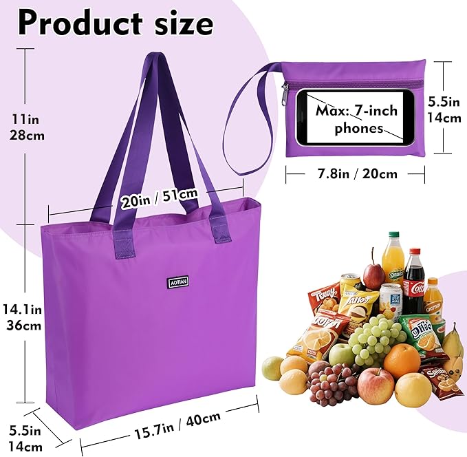 AOTIAN Heavy Duty 20 Liter Reusable Grocery Bags, Thickened Tear-Resistant Polyester Fabric Foldable Machine Washable Shopping Bags, Zipper Closure Water-Resistant Large Tote Bag Travel Gym Beach Bag