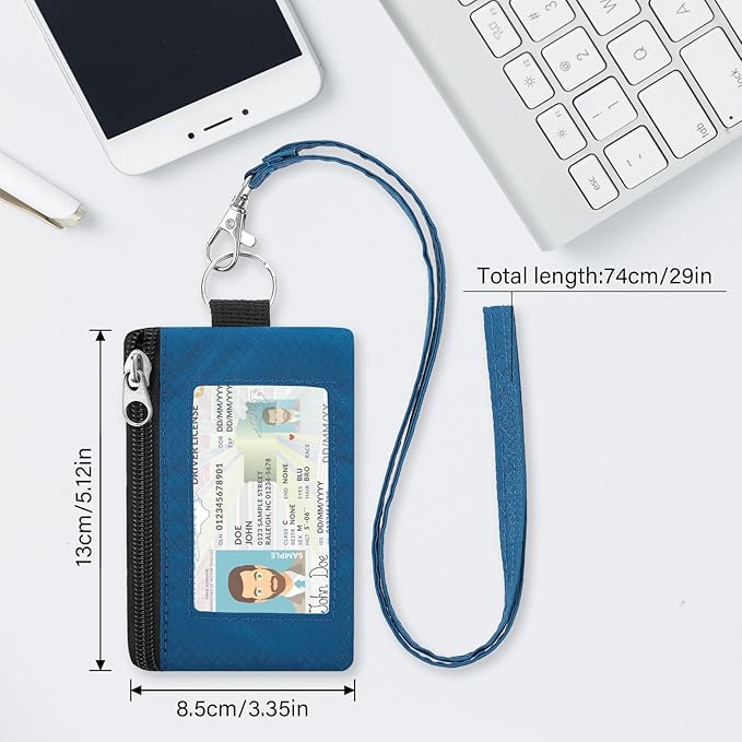 Minimalist RFID Wallet with Lanyard, Multi-Functional ID Case with 2 Zipper Pockets and Key Chain for Men and Women, Tactical Badge Pouch Cards Holder, Coin Purse for Travel Sports-Black+Blue