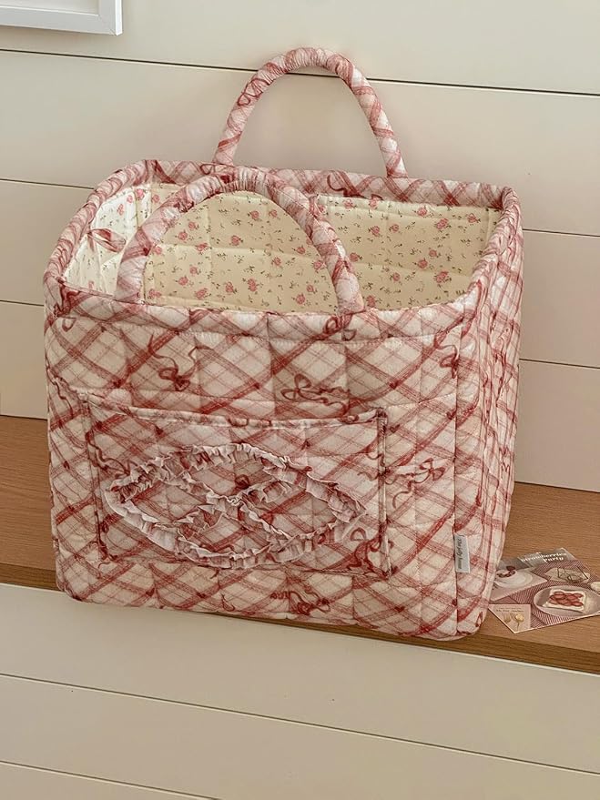 Floral Fabric Storage Basket Car Interior Storage Basket Underwear Sundries Laundry Baskets Supplies Home Organizer Bag (red bow)