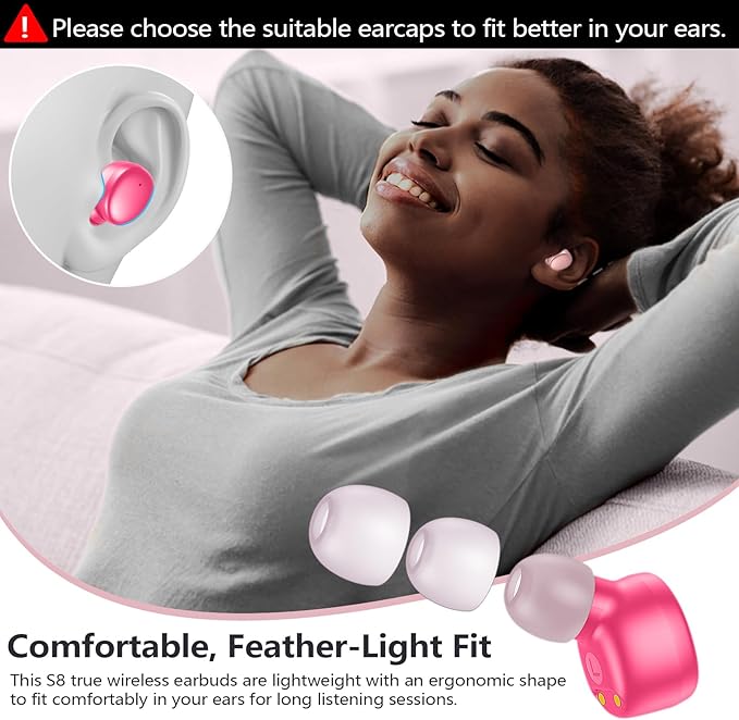 MOZOTER S8 Mini Wireless Earbuds Bluetooth 5.3 in Ear Light-Weight Headphones,60Hrs Playtime Ear Buds with Charging Case,Bluetooth Headsets,Premium Sound with Deep Bass for Sport-Pink
