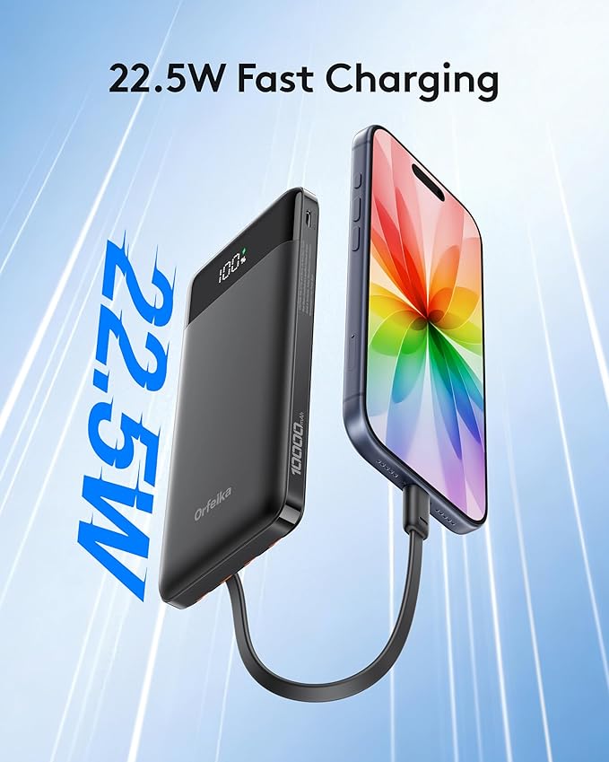 Orfeika Portable Phone Charger, 10000mAh Portable Charger 22.5W Fast Charging Power Bank with Built-in Cables, Travel Essential Battery Pack Compatible with iPhone, Samsung, Google, iPads, etc
