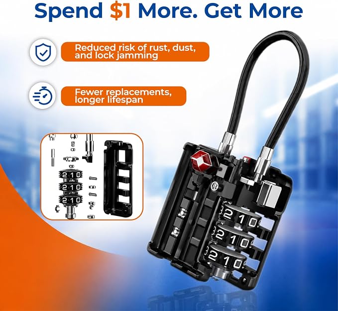 SURE LOCK TSA Approved Luggage Locks with Open Alert Indicator, 3 Digit Combination Cable Travel Lock for Suitcase, Backpack, Gym Locker, Toolbox & Travel Bag（ Four Colour）
