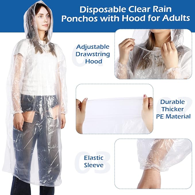 Berlune 50 Pcs Disposable Rain Ponchos for Adults Thick Disposable Ponchos Bulk with Hood Emergency Raincoats for Camping Themed Park, Clear