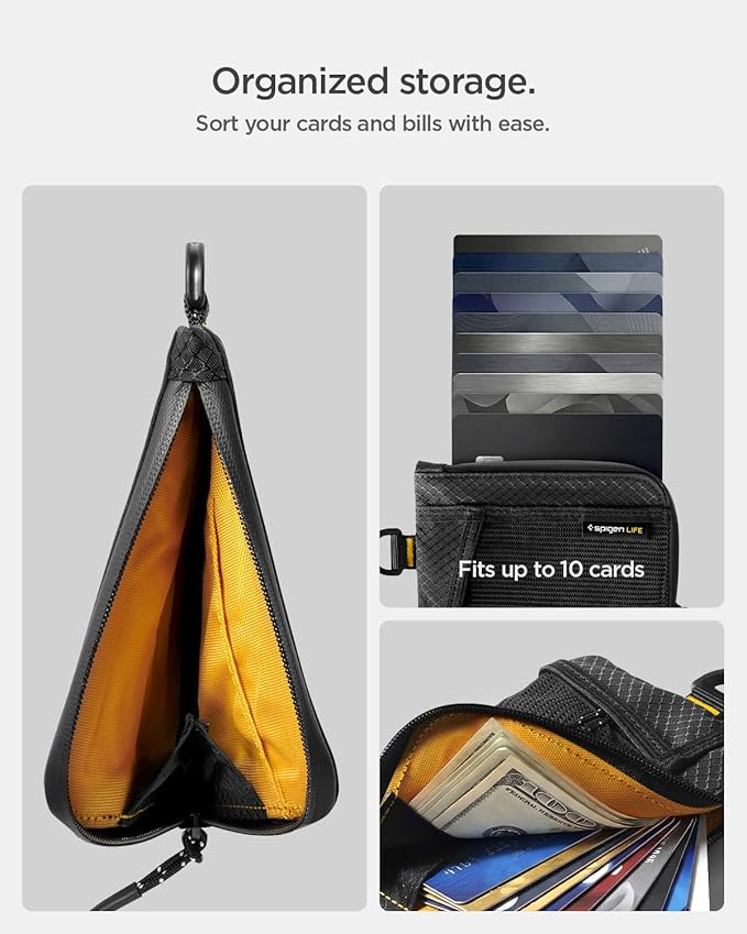Spigen Life for Soft Material Card Wallet, RFID Blocking Slim EDC Wallet with Mesh Pocket, D-Ring Strap, Waterproof YKK Zipper, Lightweight Everyday Carry Card Holder - Black