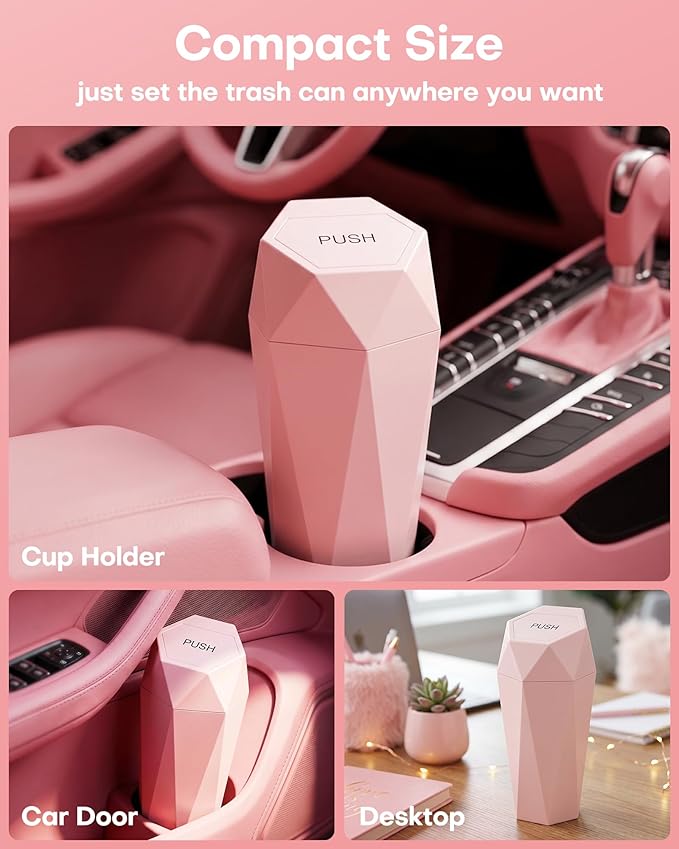 HOTOR Car Trash Can with Lid - 2 Pack, Car Accessories for Interior, Leakproof Vehicle Garbage Can with 30 Attached Trash Bags, Multipurpose Organizers and Storage for Home, Office, Pink