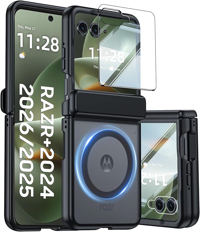 Magnetic for Motorola Razr+ Plus 2026,Razr+ 2025/2024 Case,Hinge Protection, Screen Protector, Compatible with MagSafe, Translucent Frosted, Shockproof Cover for Razr+ 2026/2025/2024-Black