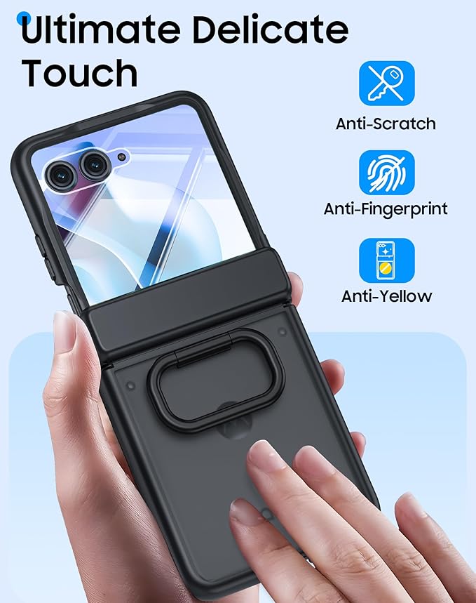 for Motorola Razr Ultra 2026 Case/Razr Ultra 2025 Case with Ring Holder,Hinge Protection, Screen Protector, Translucent Frosted Shockproof Slim Cover for Razr Ultra 2026/2025 -Black