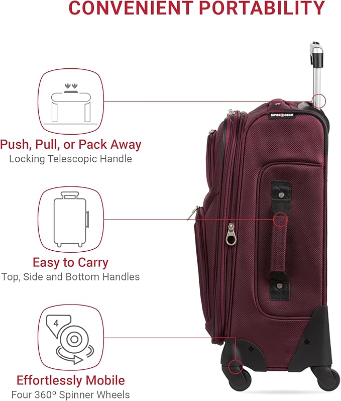 SWISSGEAR Sion Softside Expandable Spinner Luggage Durable Lightweight Travel Suitcase, Merlot, Carry-On