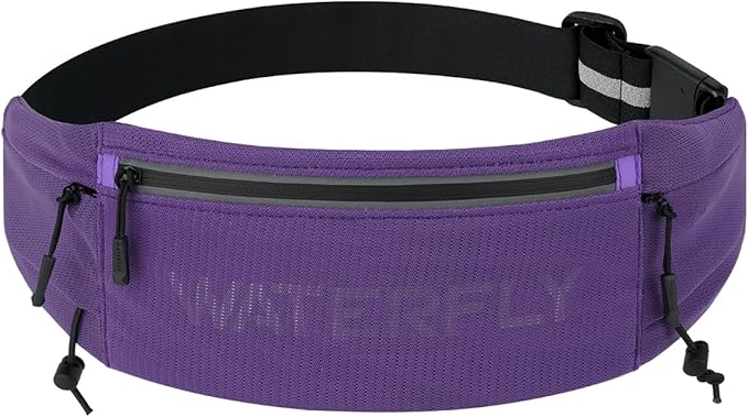 WATERFLY Running Belt Fanny Pack: Breathable 3 Pocket Waist Bag for Men Women Workout Exercise Fitness Phone Holder Fits All Phones - Runner Marathon Jogging Race Belt with Bib Clip Purple