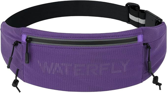 WATERFLY Running Belt Fanny Pack: Breathable 3 Pocket Waist Bag for Men Women Workout Exercise Fitness Phone Holder Fits All Phones - Runner Marathon Jogging Race Belt with Bib Clip Purple