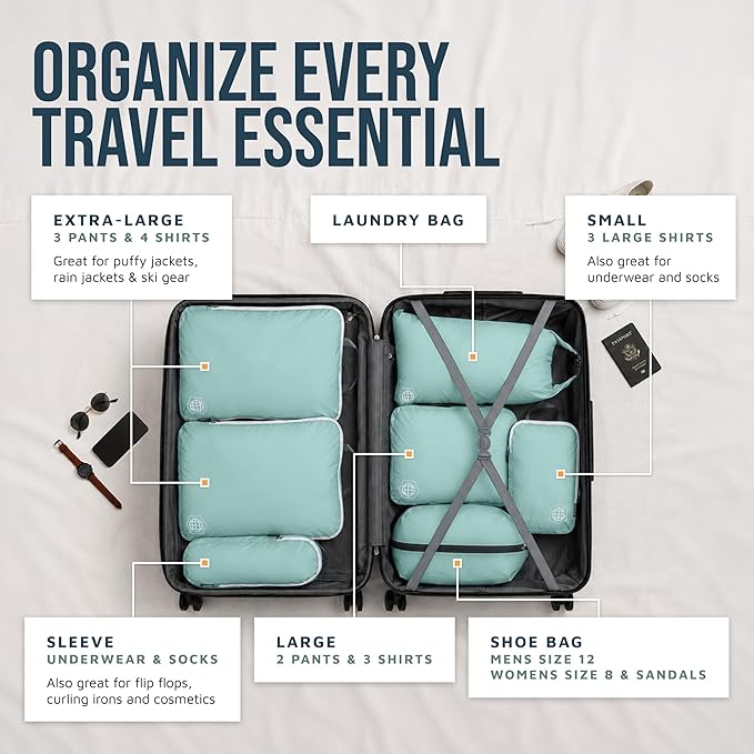 Large Compression Packing Cubes for Travel-Packing Cube Luggage Organizers 7 Piece Set for Checked Luggage-Ultralight, Expandable/Compression Bags by TRIPPED Travel Gear (DustyTeal/White)