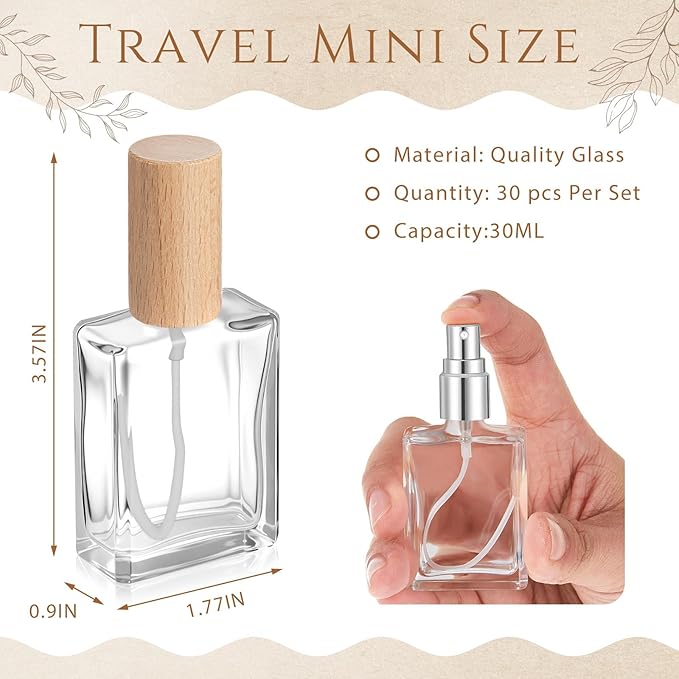 Domensi 30 Pcs 10/15/30/50 ml Glass Perfume Bottles Mini Glass Empty Spray Atomizer Bottles Bulk Refillable Perfume Dispenser Container with Pump Tool for Travel Skin Care (30 ml,Light Woddy Color)