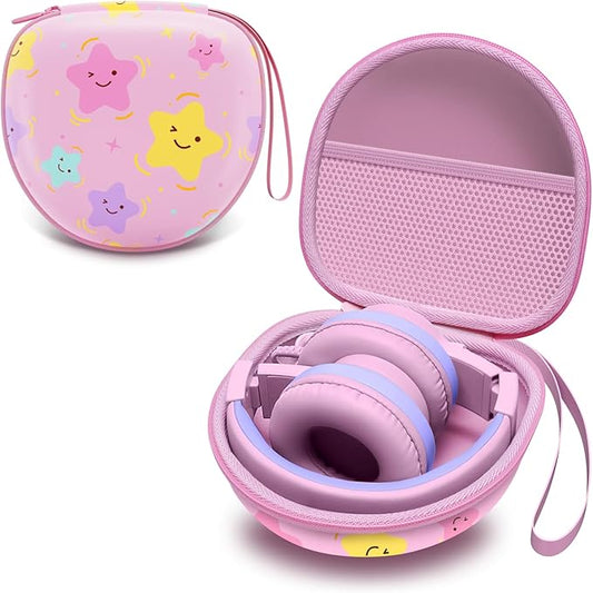 Kids Headphones Case Compatible with iClever HS19 / BTH12 / BTH22 / BTH20, Candy Bila BH03, JoySpark-T5, MIDOLA MD-B01, EarFun, IMYB, Noot Products Foldable Kids Headphones, Star Pink(Case Only)