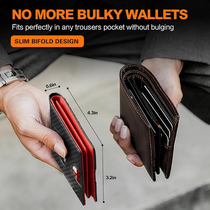 Wallet for Men Slim RFID Blocking Bifold Carbon Fiber,Minimalist Small Compact Front Pocket Credit Card Holder,Thin Mens Leather Wallets Smart Security With 2 ID windows 1 Cash (Black & Red)