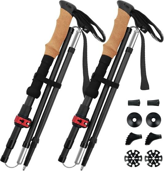 Carbon Fiber Trekking Poles 2-Pack - Lightweight Collapsible Hiking Sticks with Cork Grip & Quick-Lock System, Portable Walking Poles for Travel & Backpacking, Suitable for Men, Women and Seniors